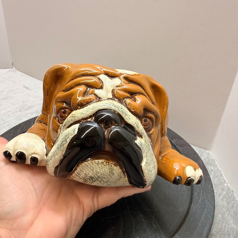 Ceramic English Bulldog‎ Planter Figurine Brown Glossy Glaze Dog Decor Catchall